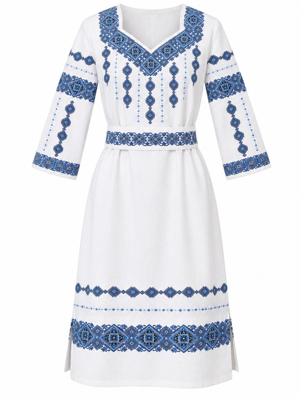 White Blue Embroidered Ukrainian Style Dress Size M
